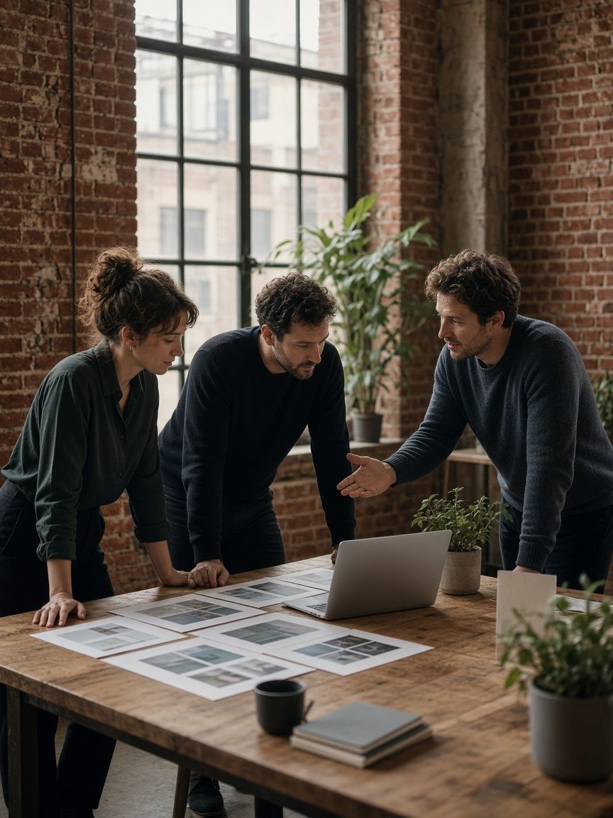 Three colleagues conferring over layouts and a laptop at a worktable