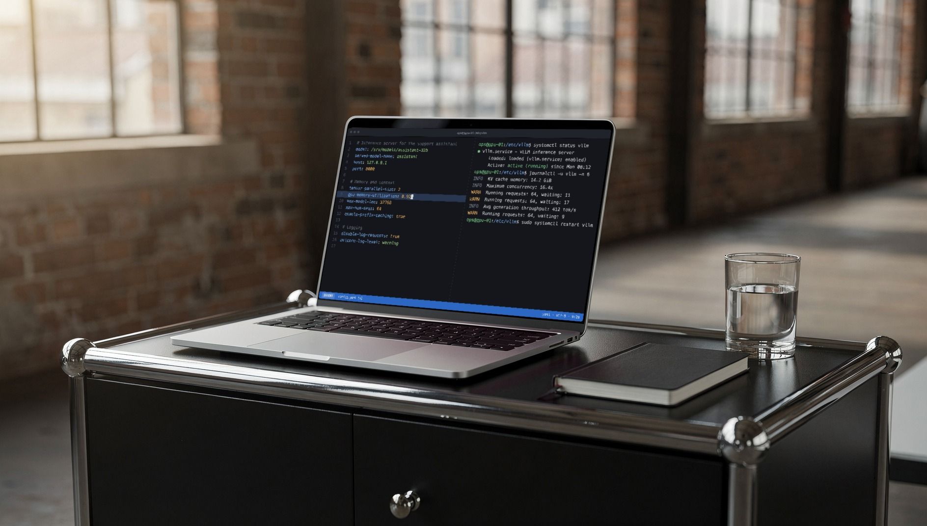 Laptop on a black steel-tube sideboard showing a terminal in which someone is changing the memory setting of a vLLM server, a brick-walled loft behind it