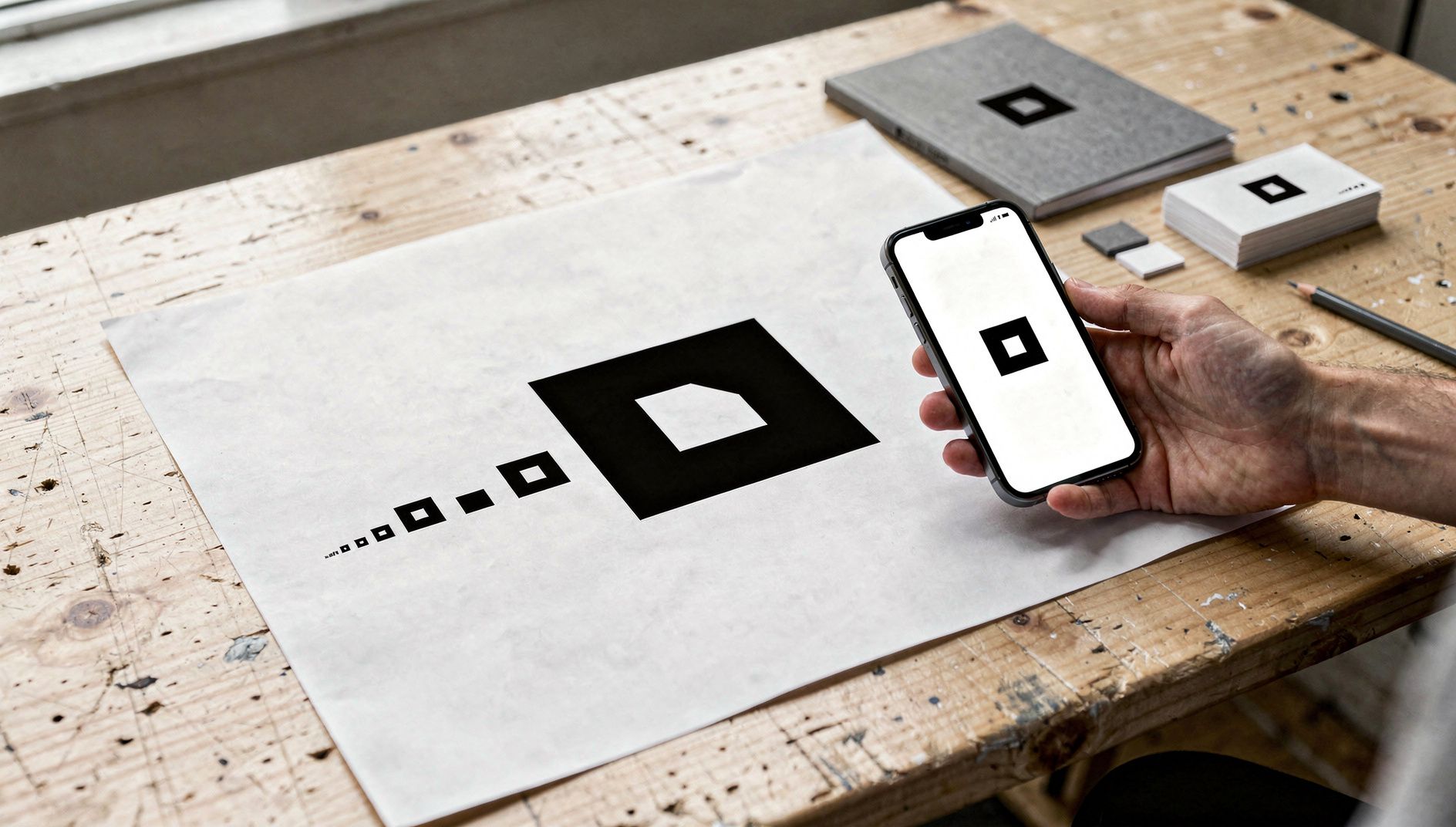 A hand holds a phone showing a black mark next to a printed sheet with the same mark from tiny to large, business cards and a grey cover behind