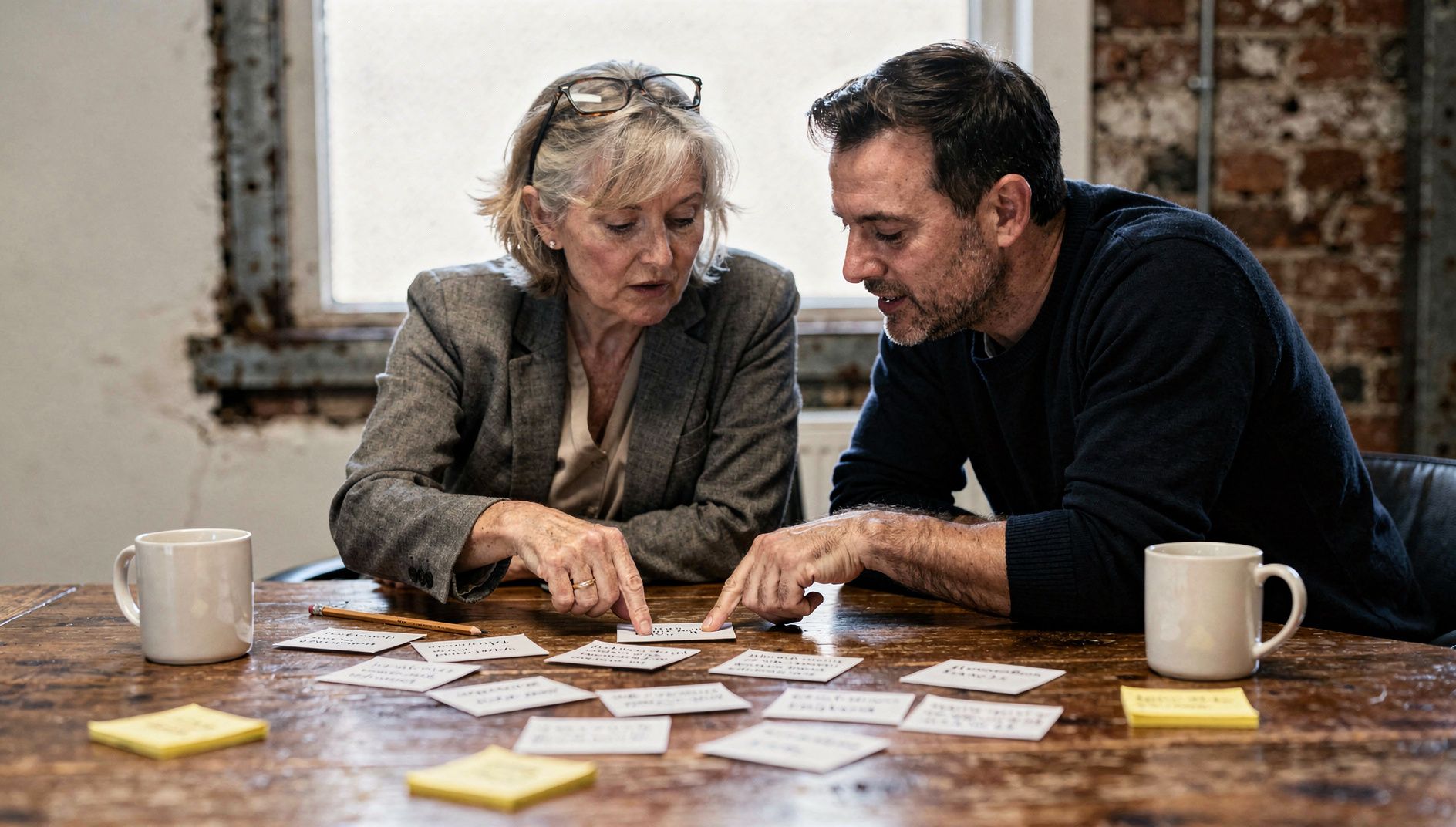 Managing director and consultant arranging handwritten index cards on a wooden table