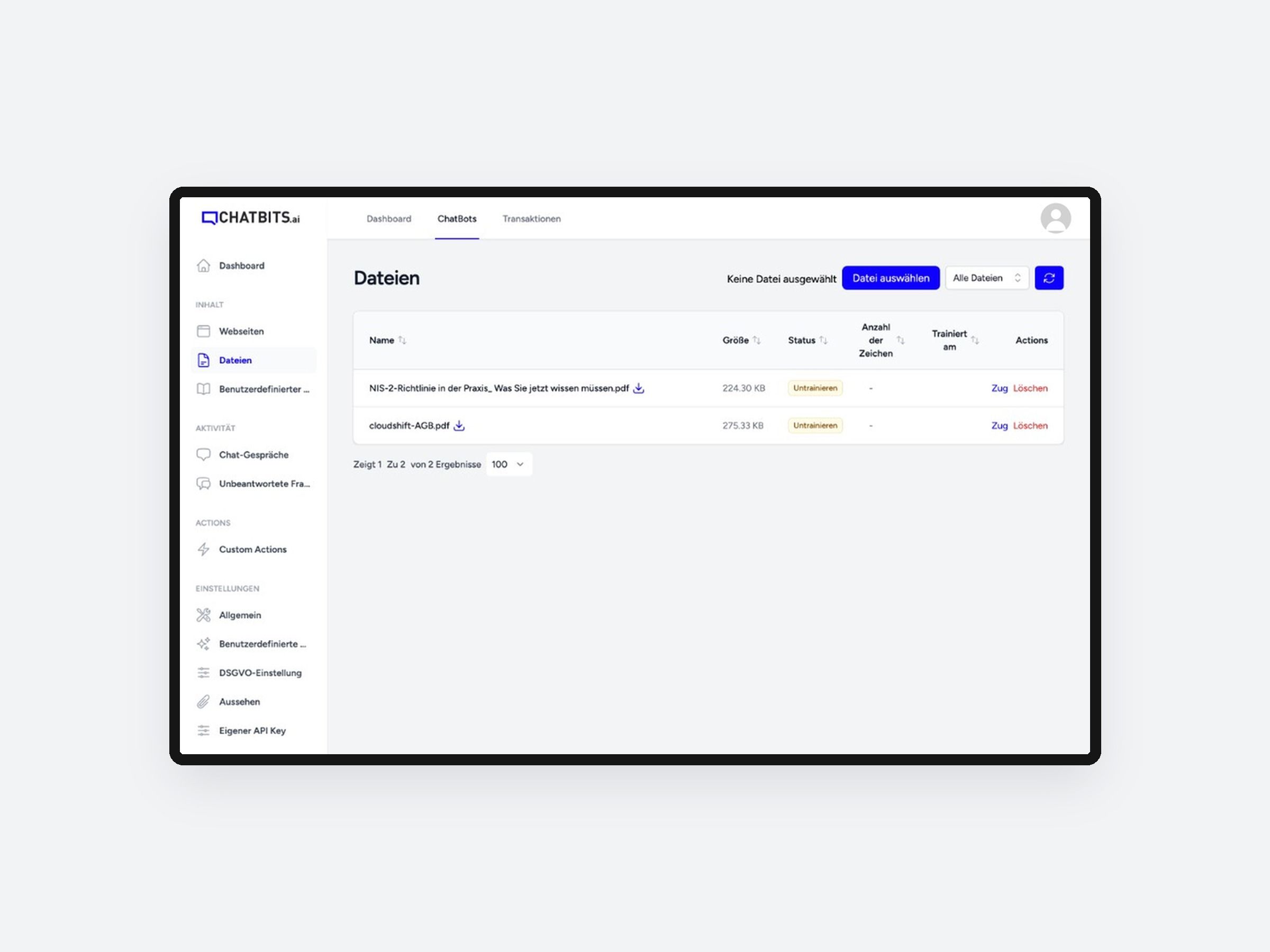 File list in the Chatbits back end with two uploaded PDFs