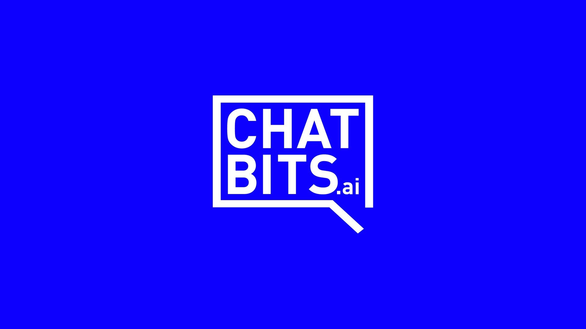 The Chatbits primary logo in white on Chatbits blue: the name in capitals inside a square speech bubble, with a small “.ai” after it