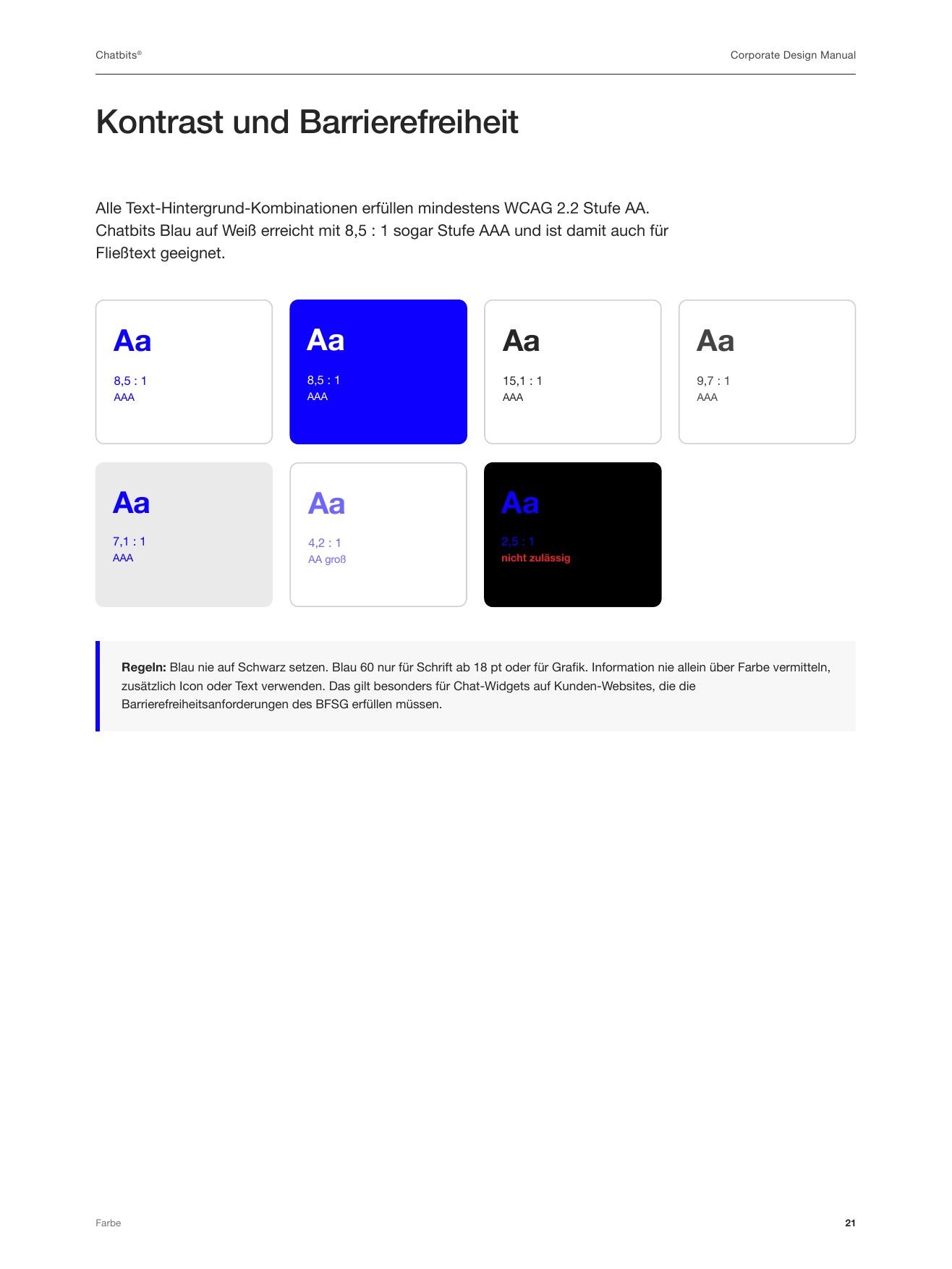 “Contrast and accessibility” page from the Chatbits styleguide