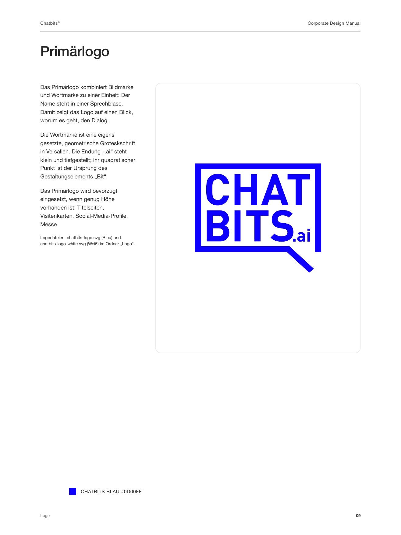 “Primary logo” page from the Chatbits styleguide