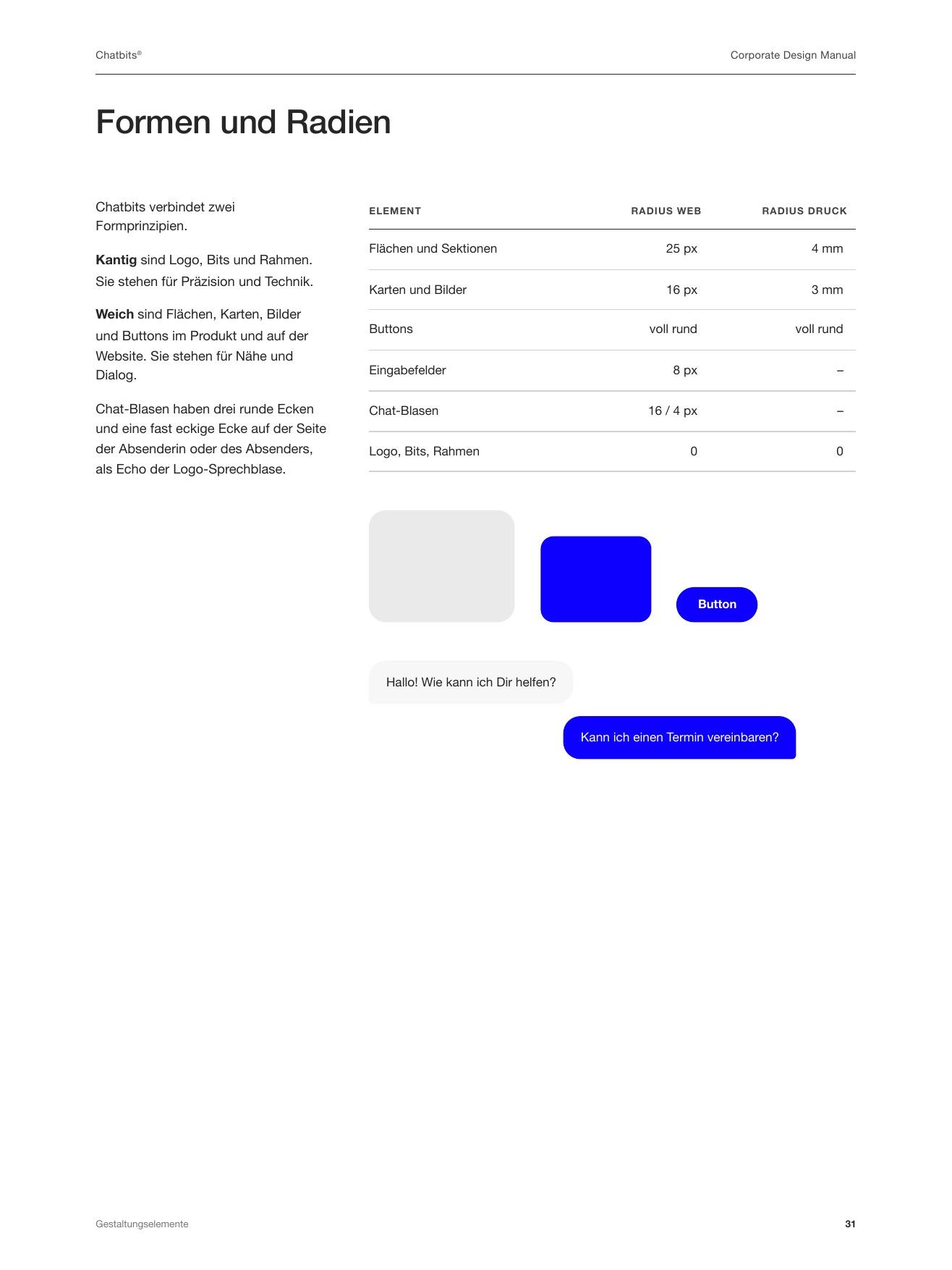“Shapes and radii” page from the Chatbits styleguide