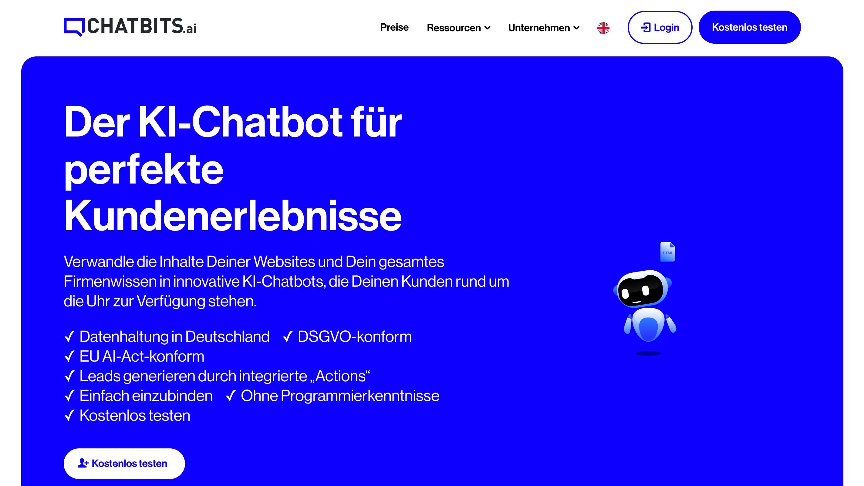 Home page of the chatbits.ai marketing website in a browser, a blue panel with the German headline “Der KI-Chatbot für perfekte Kundenerlebnisse”