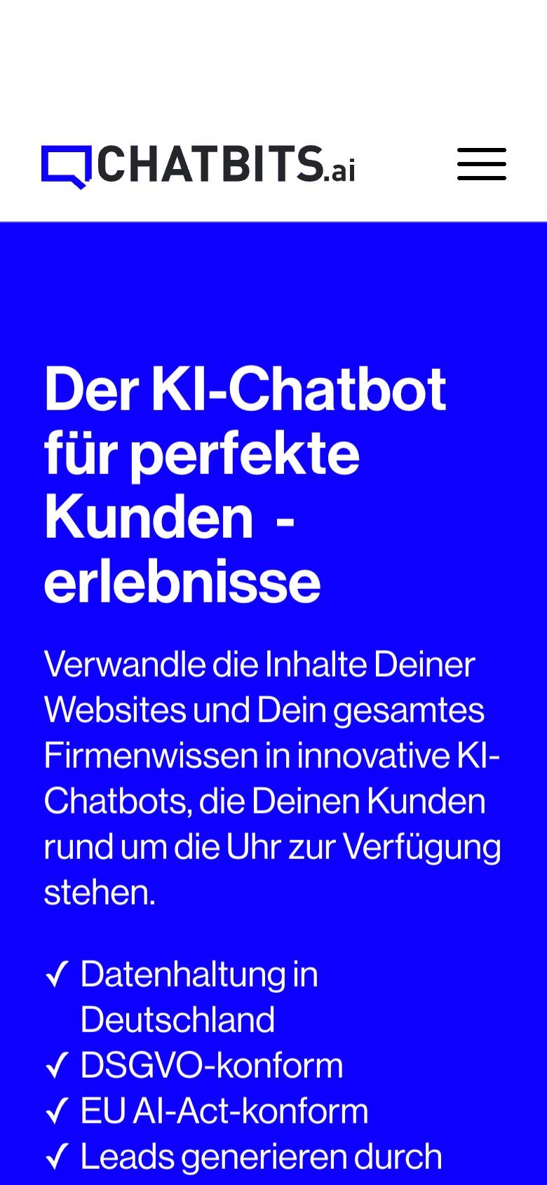 The chatbits.ai home page on a smartphone with the same headline and its benefits as a list