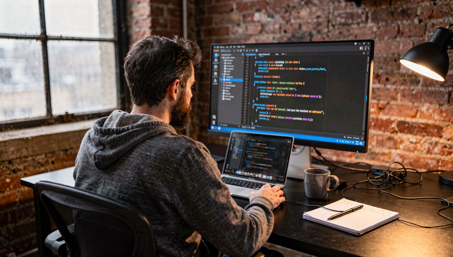 Developer in a brick-walled loft working on a laptop and a monitor showing a code editor