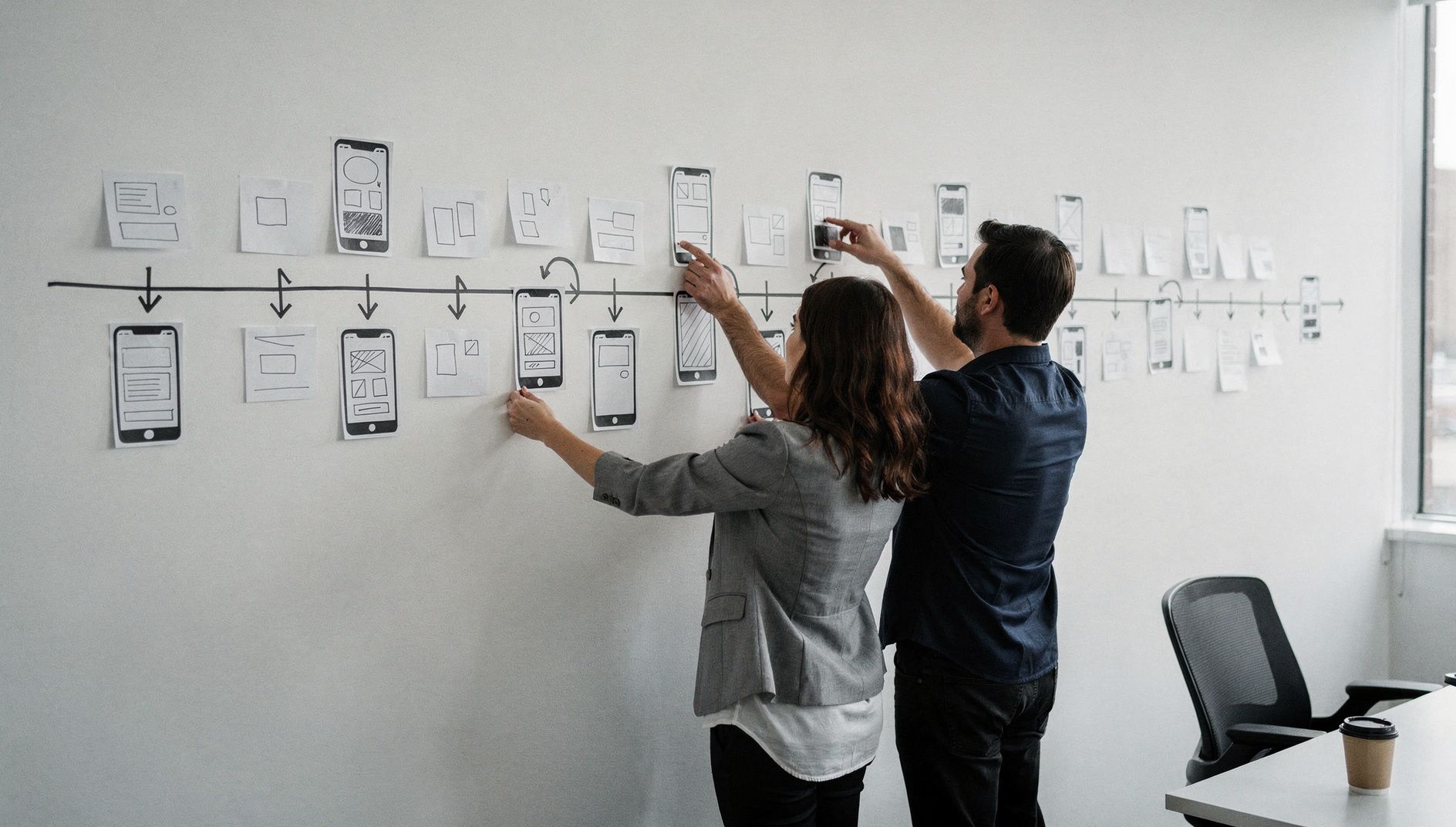 Two colleagues arranging notes and printed screens on a wall into a map of each step a customer takes