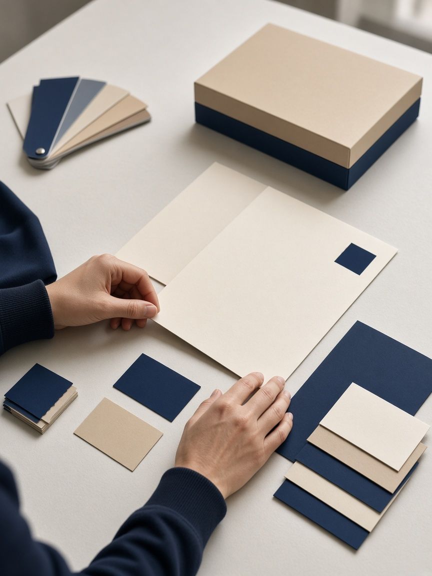 Hands arranging elements of a brand identity