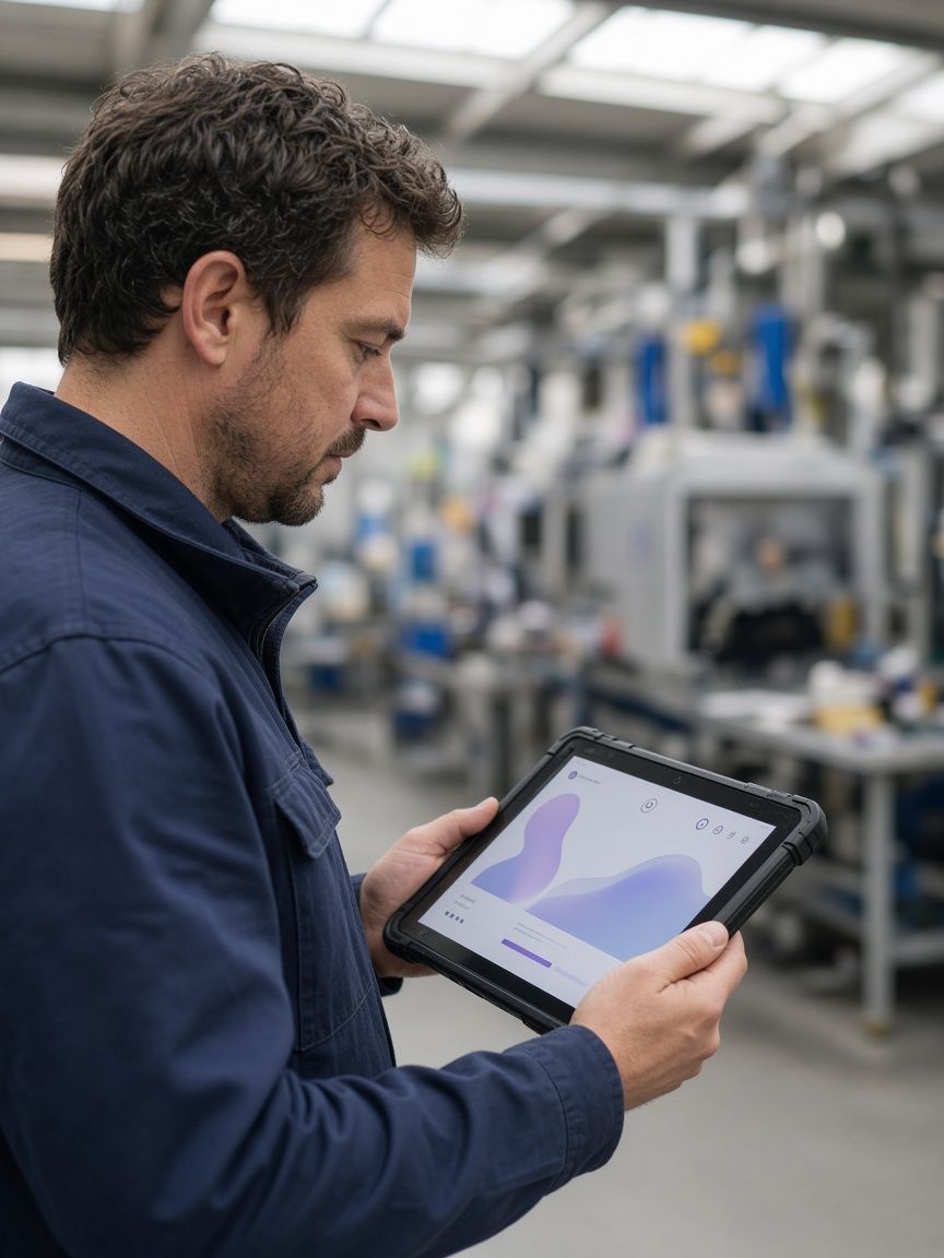 Technician using a web application on a tablet on the shop floor