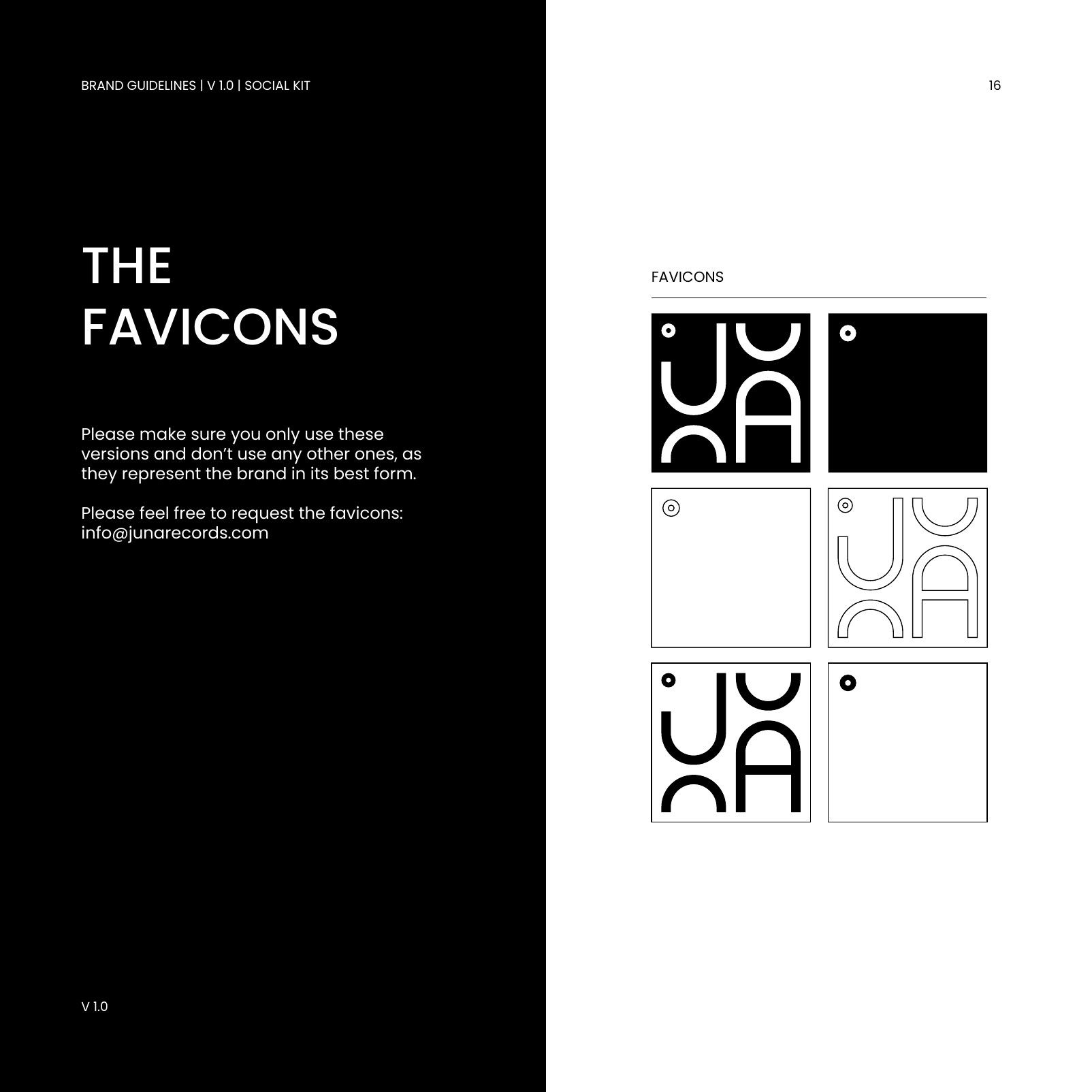 Styleguide page “The Favicons” on black with the label’s favicons in black and white