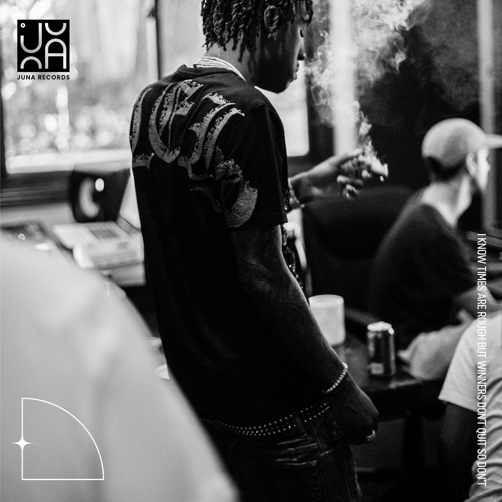 Imagery page from the styleguide: a black-and-white photo in a studio, a man with dreadlocks smoking and two more people sitting behind him