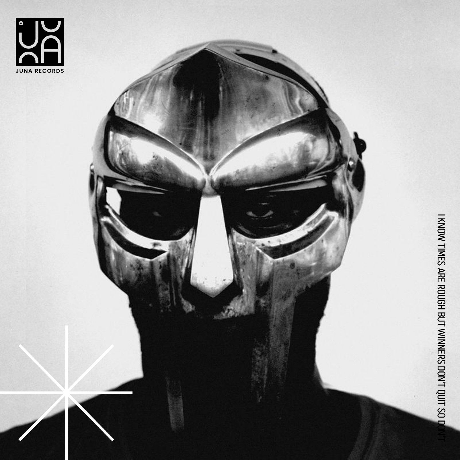 Imagery page from the styleguide: a black-and-white portrait with a metal mask, the logo top left and the line “I know times are rough but winners don’t quit so don’t” along the right edge