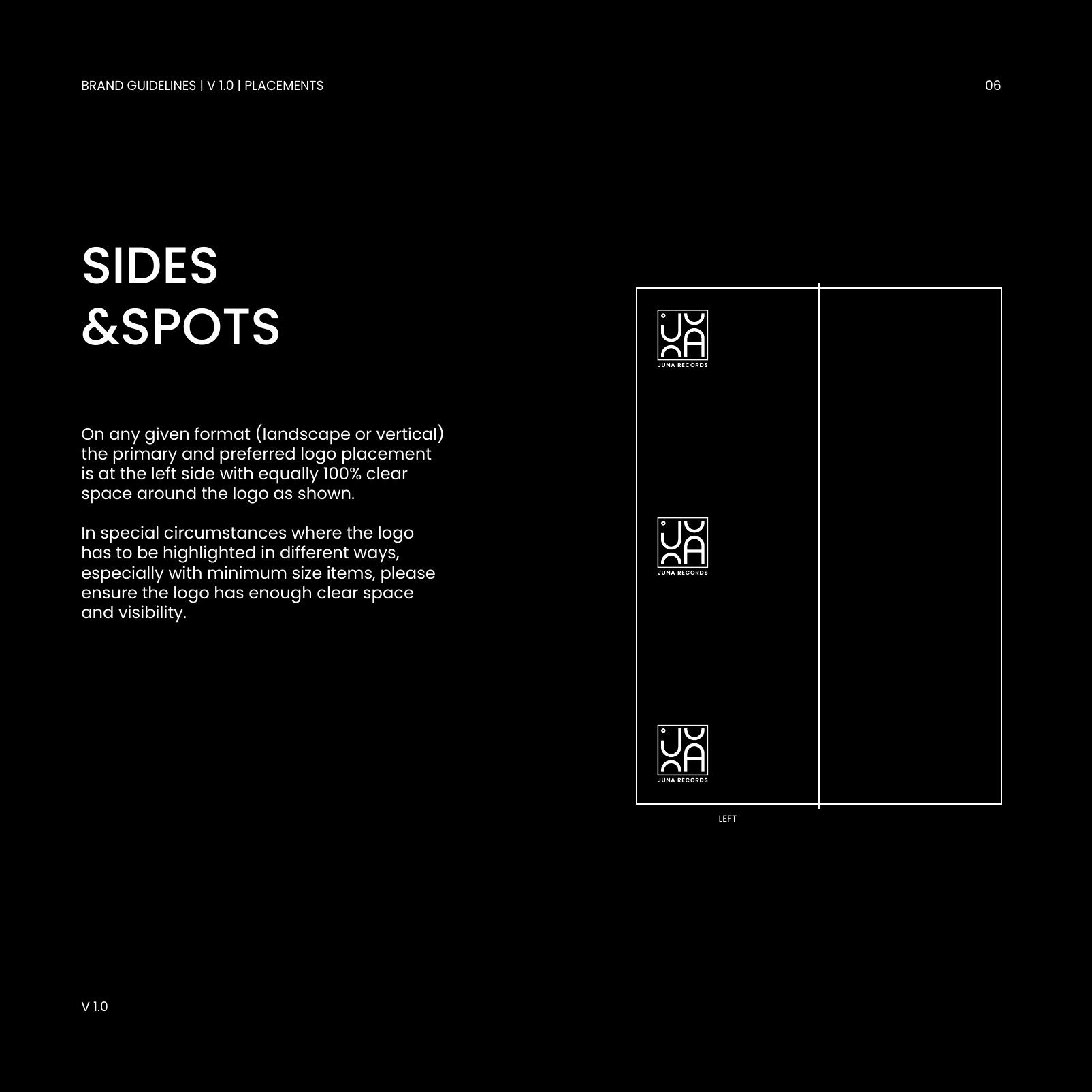 Styleguide page “Sides & Spots” on black, showing where the logo sits on upright and horizontal formats