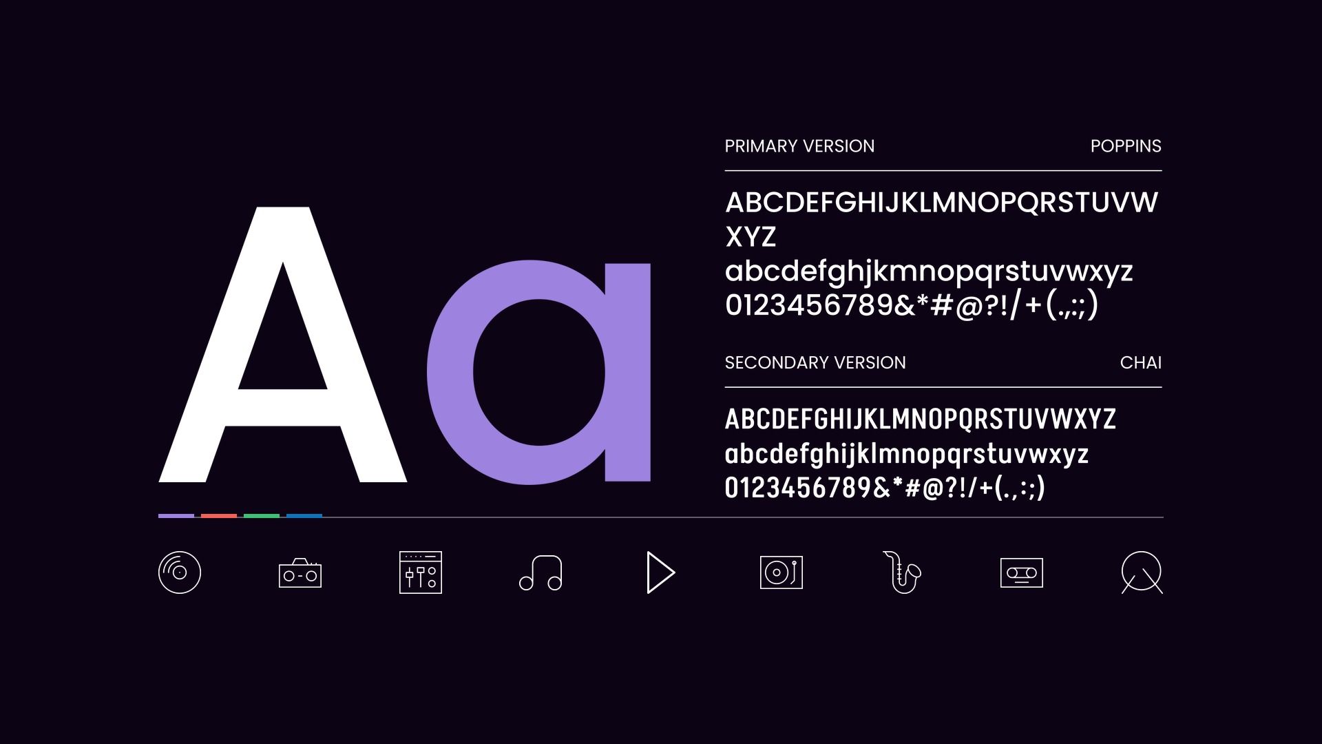 JUNA RECORDS type and icons: a large Aa in Poppins, the Poppins and Chai alphabets beside it, and nine icons below, from a vinyl record to a drum