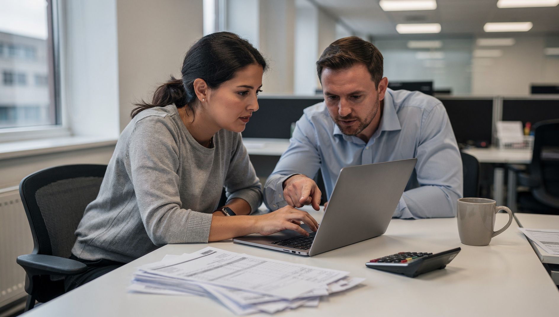 A trainer showing an accounts employee on her own laptop how to use AI for her tasks