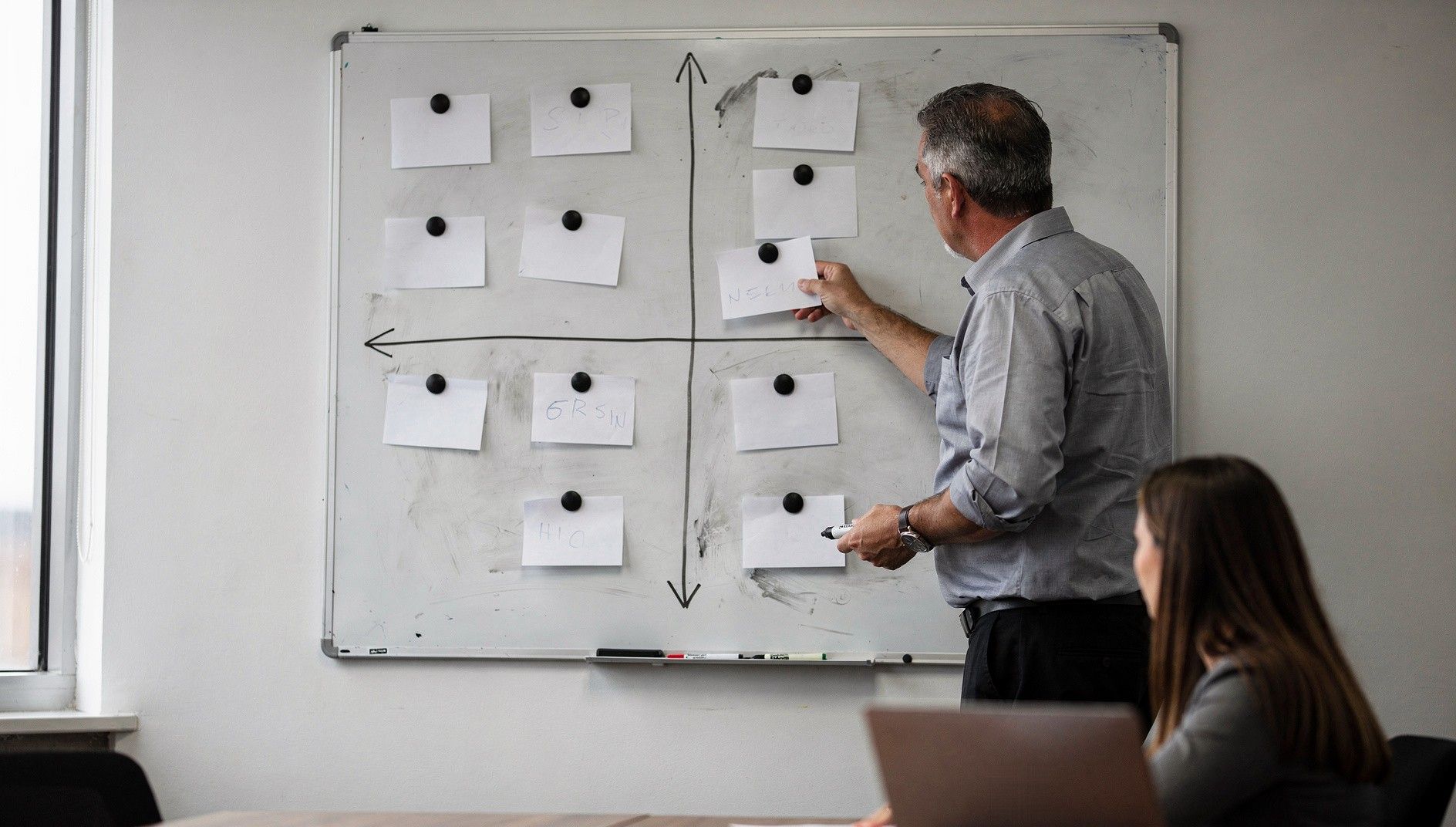 A department head sorting index cards into a four-field grid on a whiteboard while a colleague follows on her laptop