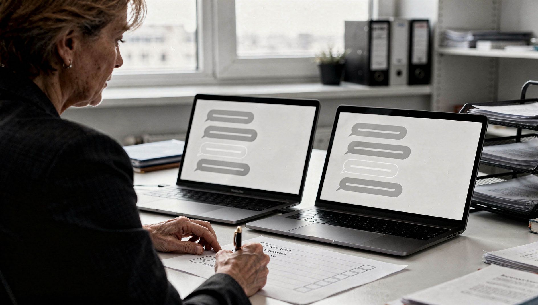 A woman comparing answers from chat assistants on two laptops and ticking off on a list who gets named