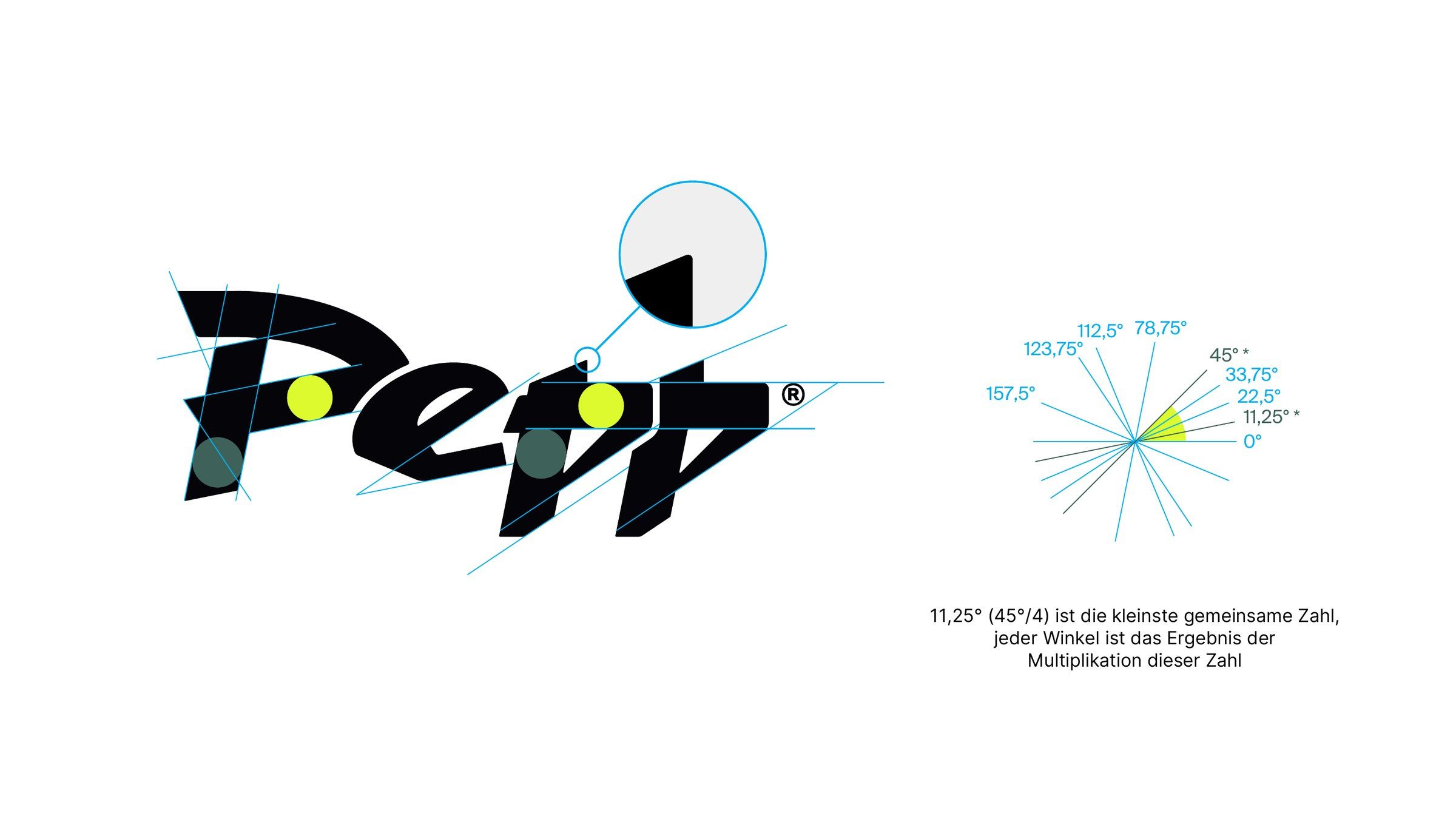 Construction grid of the Pepp logo with guide lines and an angle diagram in steps of 11.25 degrees