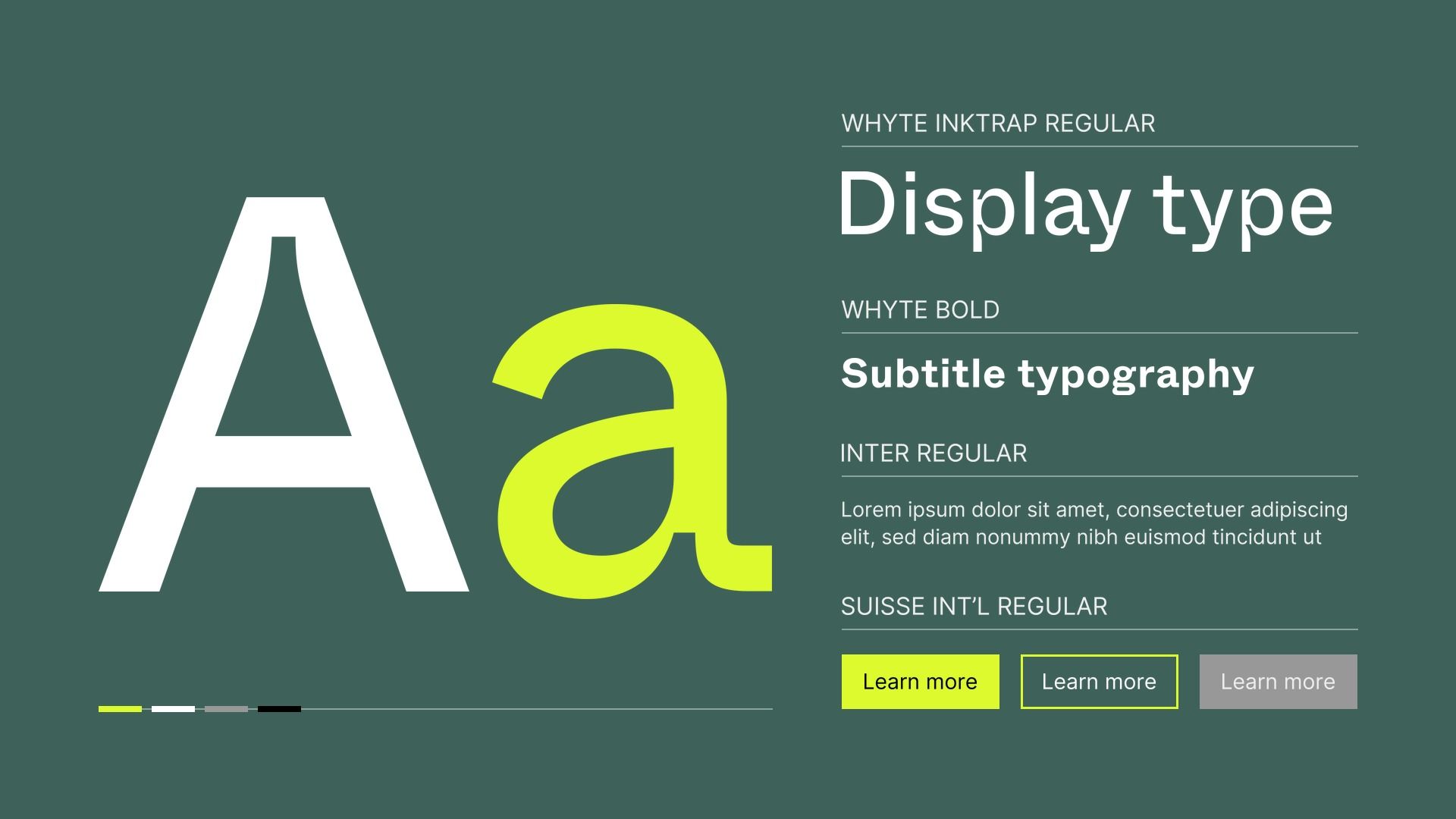 The Pepp typefaces on field grey: a large “Aa” in Whyte Inktrap on the left, with Whyte Inktrap, Whyte Bold and Inter samples on the right and three buttons in Suisse Int’l below.