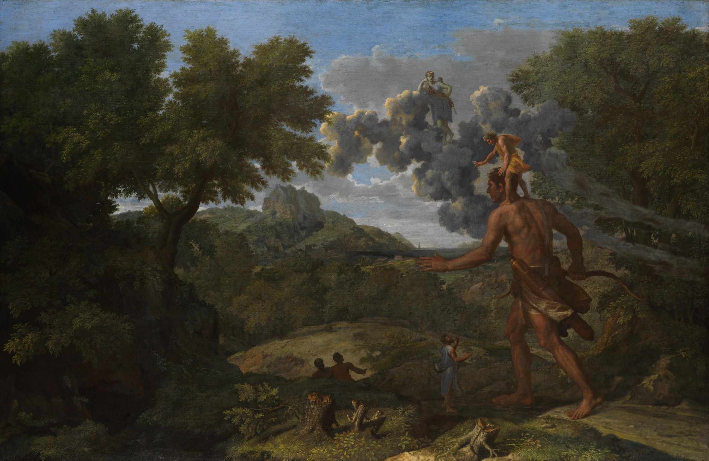 Painting: a giant hunter strides through a wooded landscape with a small man on his shoulders pointing the way