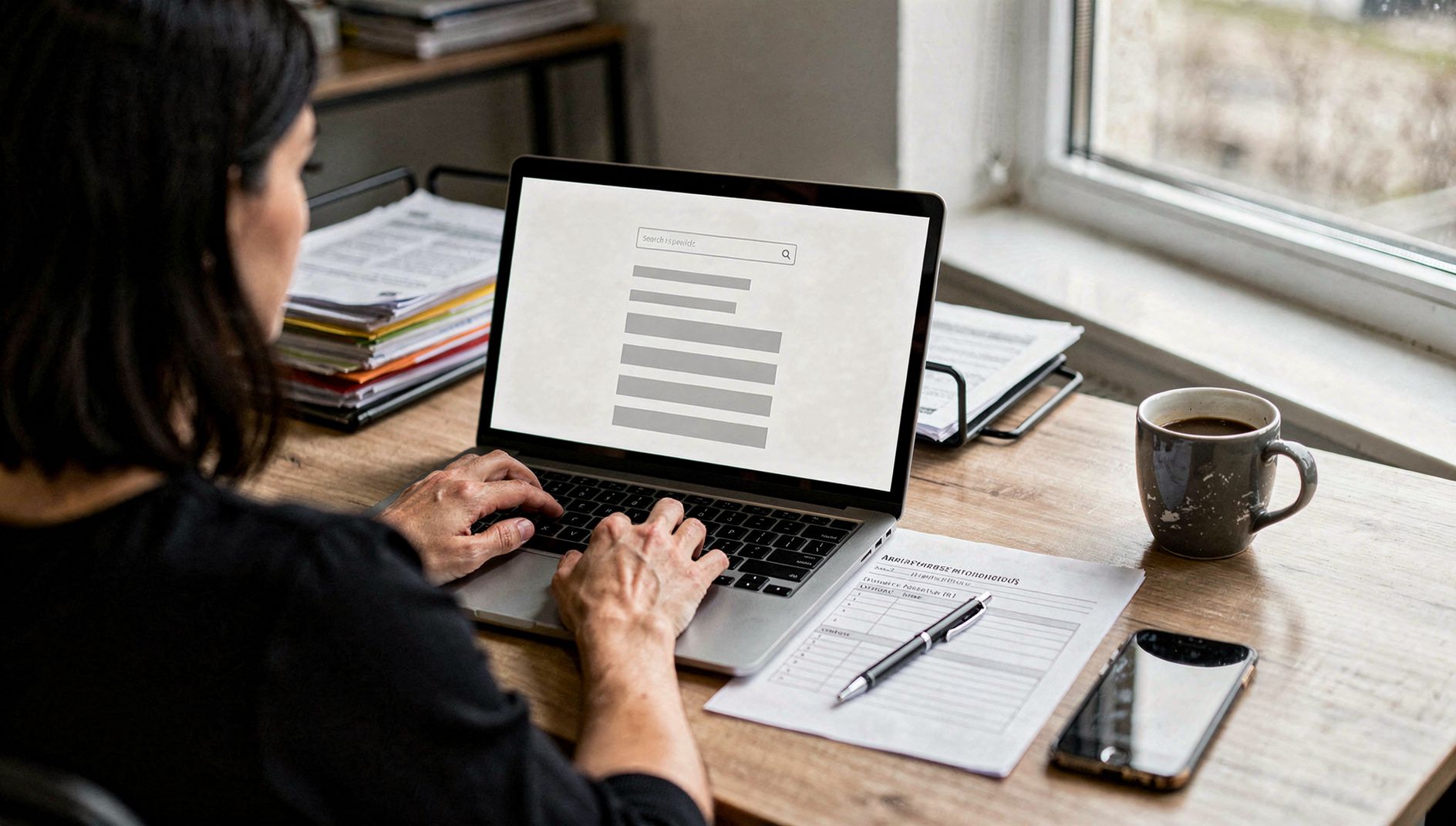 A woman searching for a supplier on her laptop, the screen showing a search field and a list of results, a spec sheet and a coffee mug beside it