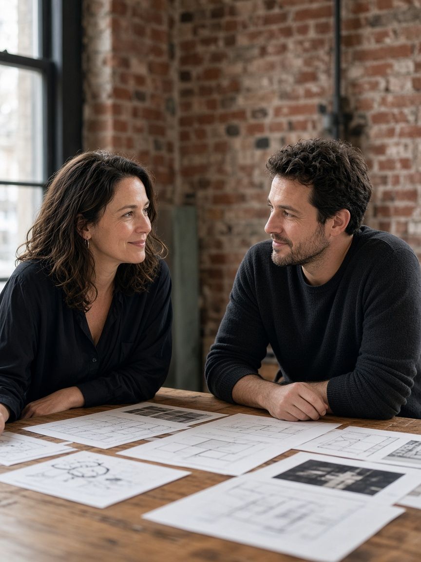 Two colleagues talking over printed layouts