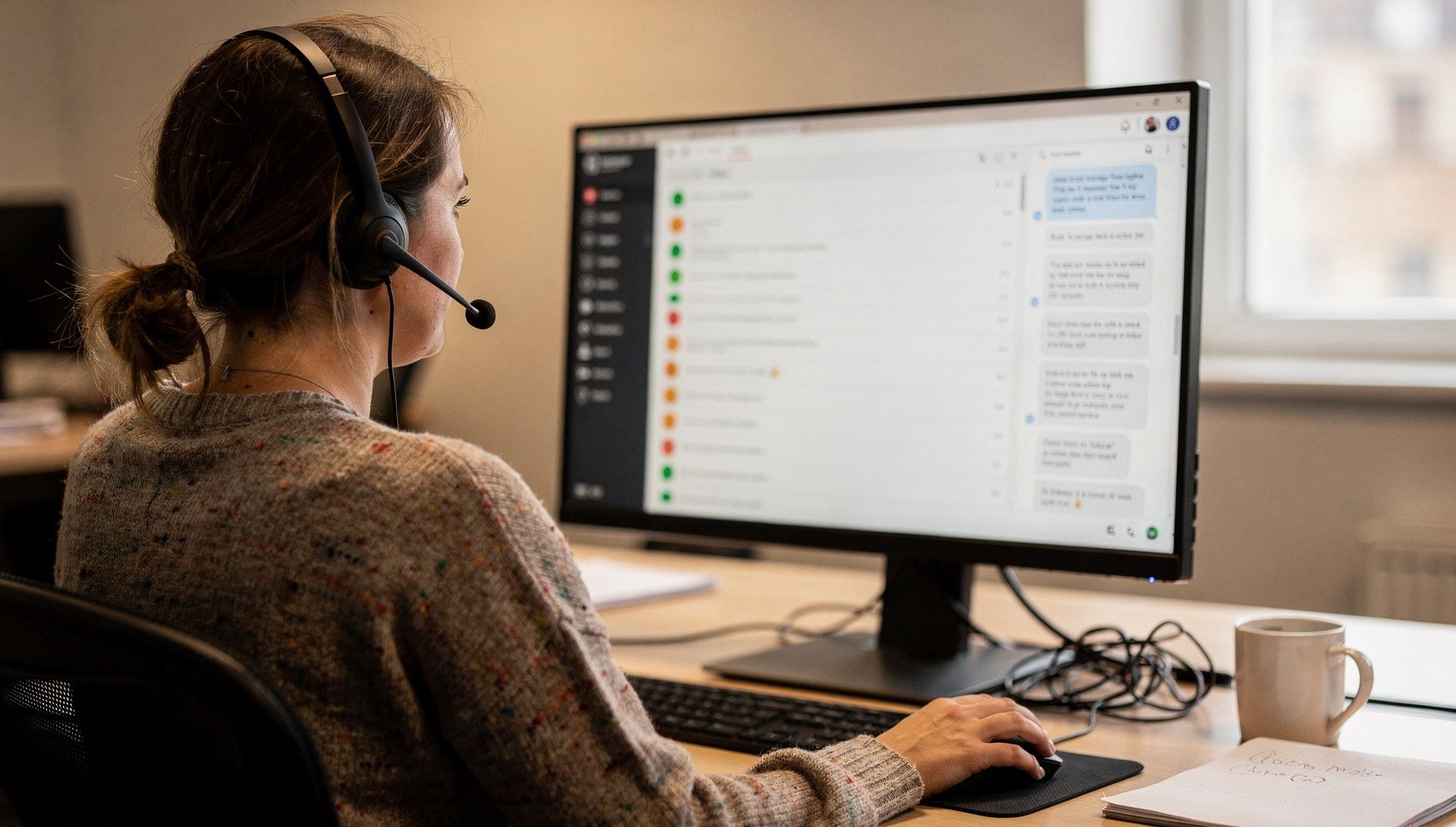 Support agent with a headset working through requests in a ticket system on her monitor