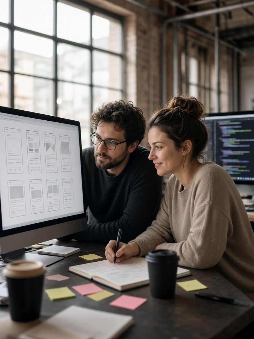 Designer and developer in front of wireframes and code