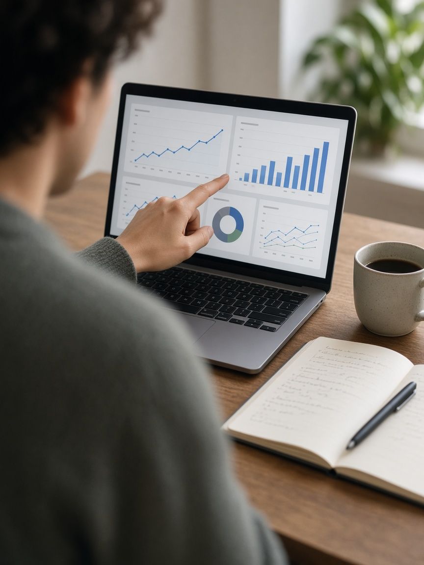 Person pointing at a dashboard with rising figures