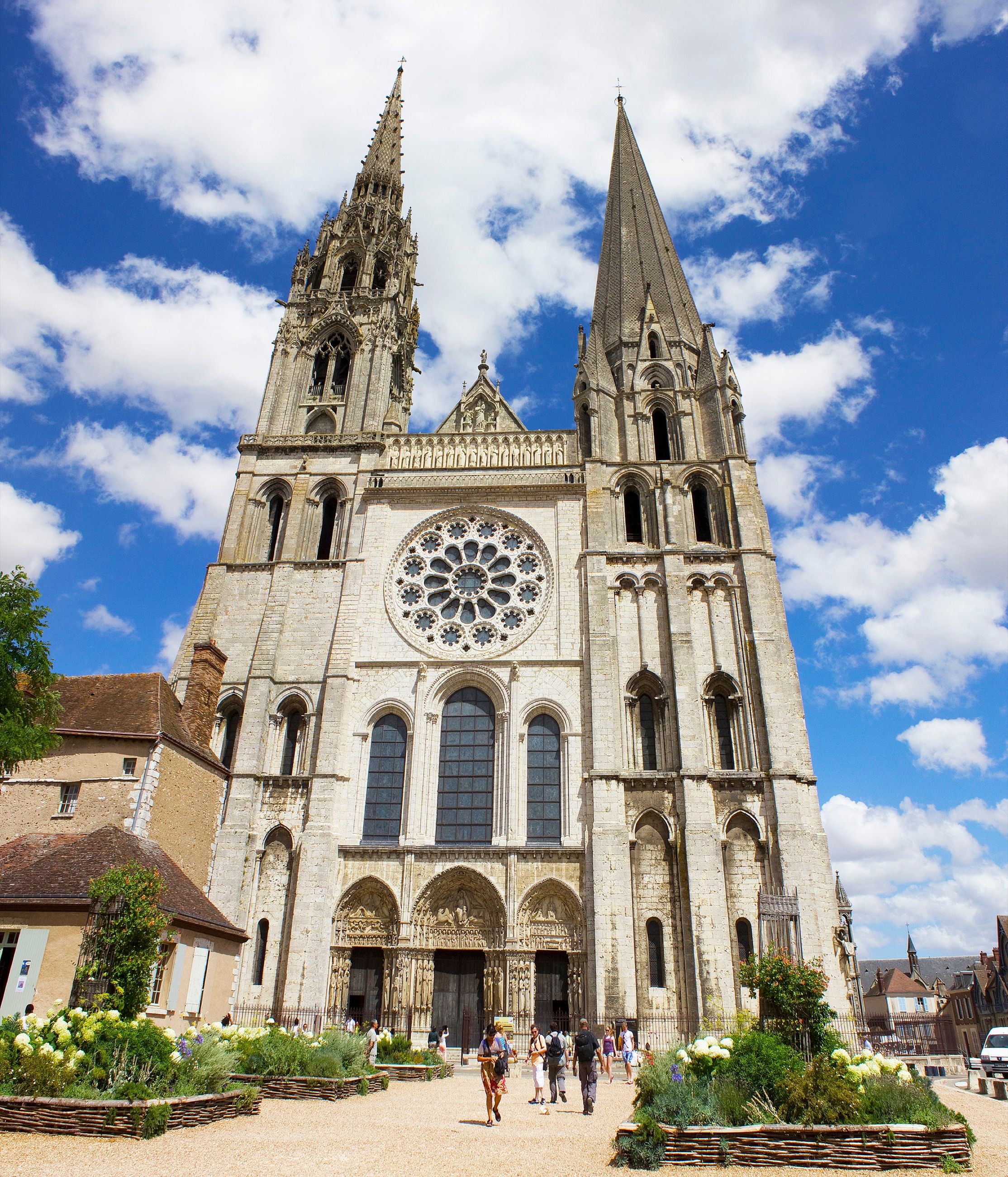The west front of Chartres Cathedral with its two mismatched towers